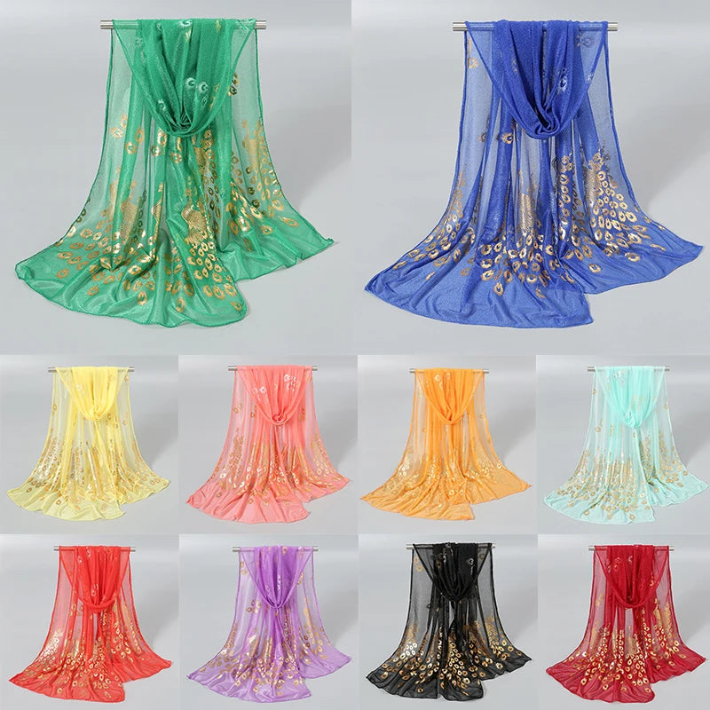 Fashion DIY Georgette Gold Scarf Hijab Women High Quality Voile Wrap Shawl Long Soft Peacock Pashmina Stoles Glitter Thin Scarf