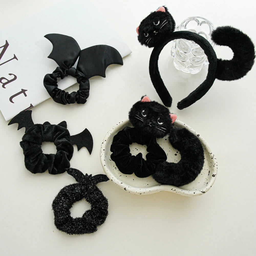 Lovely Woman Halloween Black Cat Hair Hoop Bat-shape Large Intestine Hair Ring Hairband Y2k Cartoon Black Plush Cat Hair Band