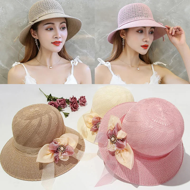 Women Sun Hat Wide Brim Beach Hats Korean Summer Bowknot Straw Hat Foldable Sun Panama Cap Chapeau Femme Beach UV Protection Cap