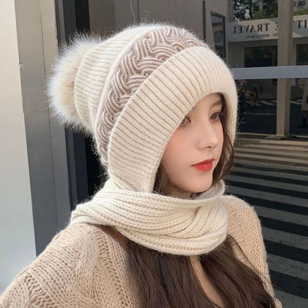 Cute All-in-one Hat Scarf Female Winter Warm Rabbit Hair Knitted Cap Cycling Ear Protection Padded Lovel Pink Coldproof Neck Cap