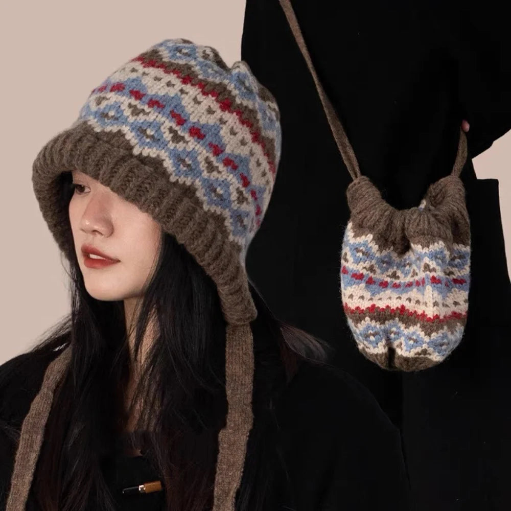 INS Korean Women Ethnic Style Striped Spliced Knitted Woolen Hat Autumn Winter Thickened Warm Cold Resistant Ear Protection Cap