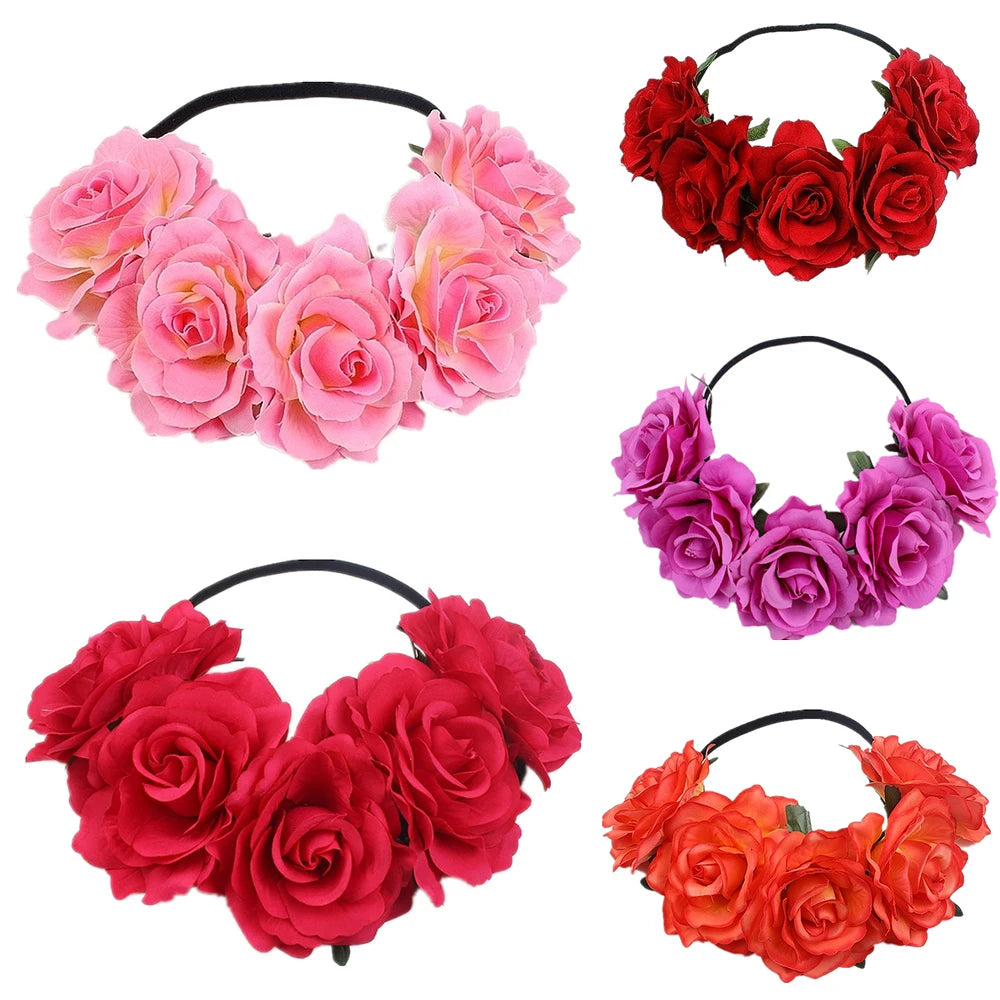 Mexican Hairband Romantic Faux Rose Headband For Women Red Bezel Hair Hoop Hair Bands Bride Girls Wedding Hair Accessories