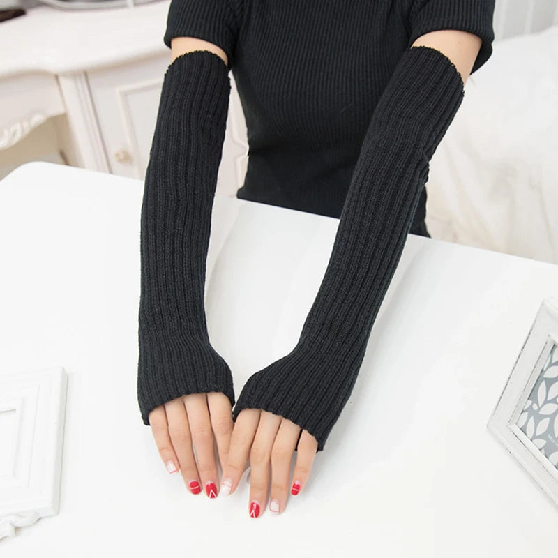 Autumn Winter Arm Warm Soft Sleeve Women's Wool Arm Warmers Knitted Woolen Arm Sleeve Solid Fine Long Knitted Fingerless Gloves