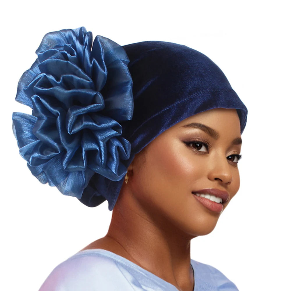 Women's Big Flower Turban Hijabs Hair Accessories Velvet Elastic Cloth Hair Bands Beanie Ladies Muslim Solid Color Hair Loss Cap