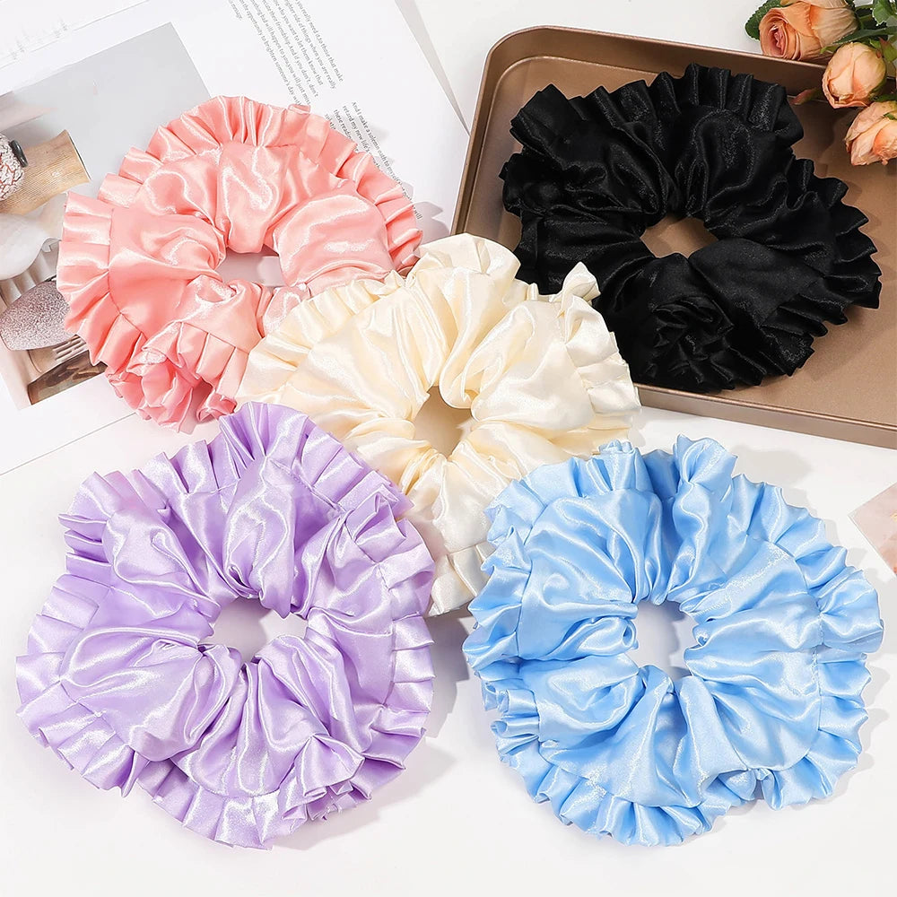 Oversize French Style Satin Silk Scrunchies Women Girls Large Size Ruffled Large Intestine Hair Ring Hairties Hair Accessories