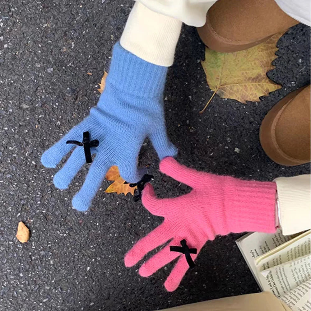 Korean Bow Decorate Touch Screen Knitted Gloves INS Winter Women Gloves Warm Gloves Solid Fluffy Work Gloves Mittens For Women