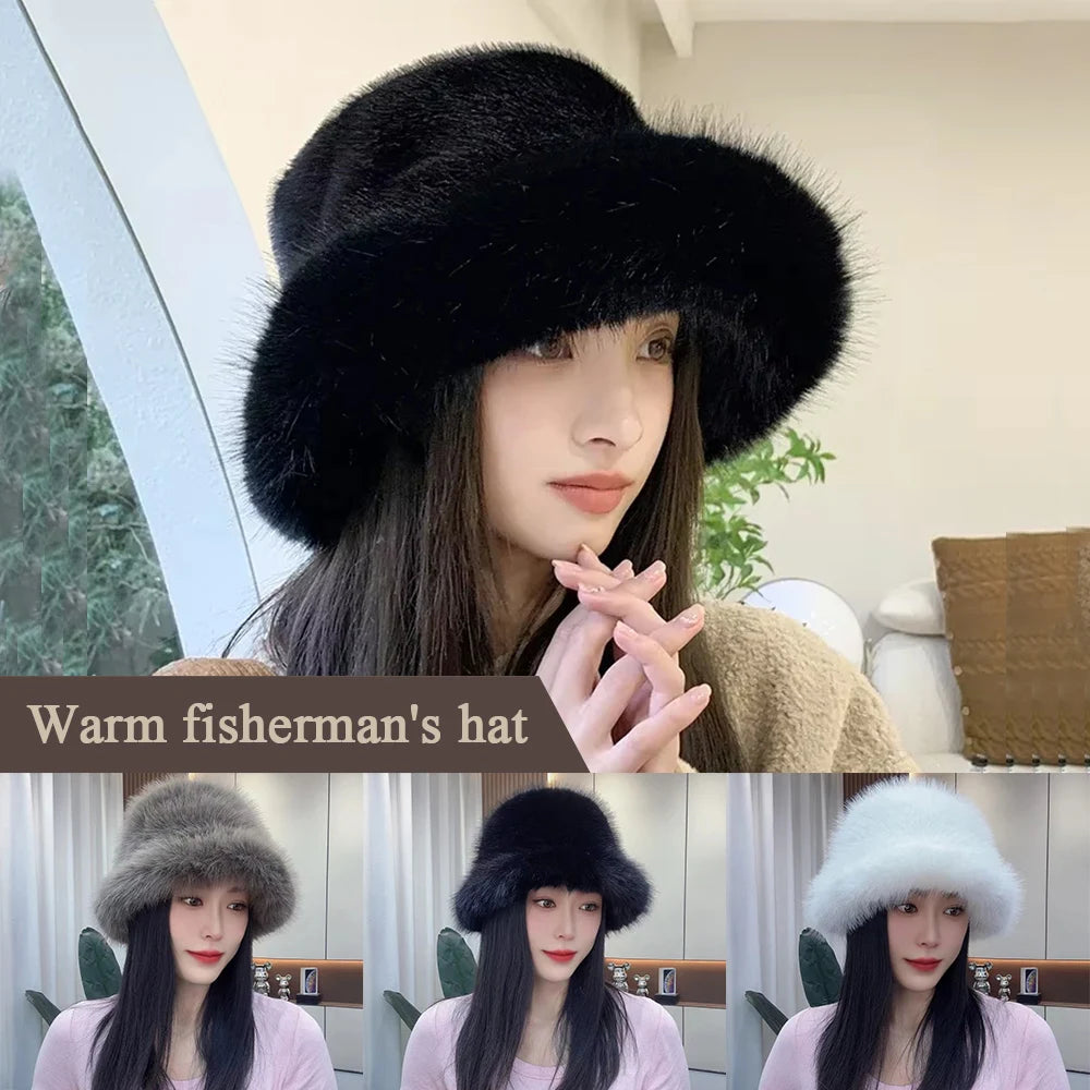 Fashion Y2k Fluffy Faux Fur Bucket Hats Women Rabbit Fur Warm Thick Plush Winter Hat Lady Luxury Panama Russian Fisherman Cap