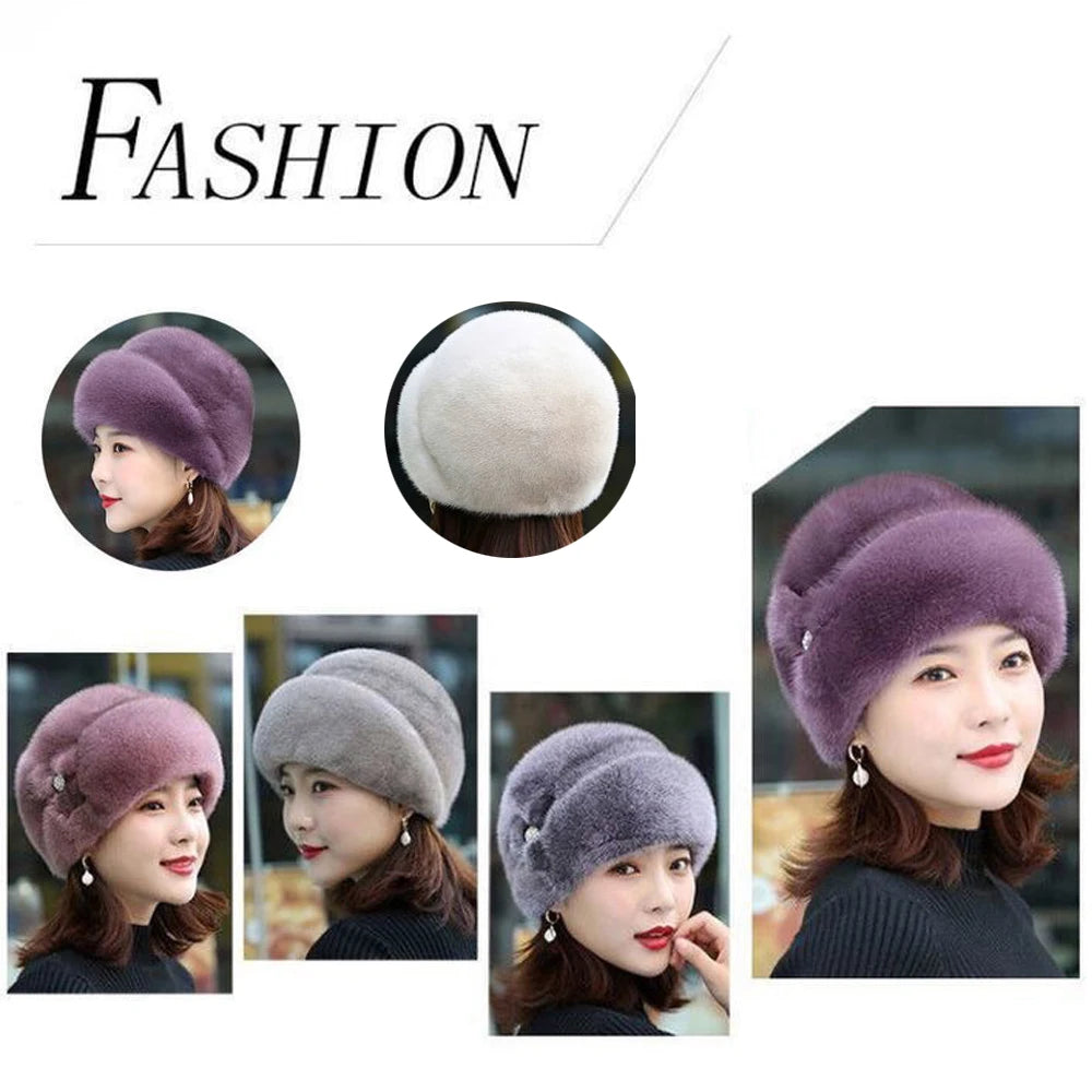 Thicken Imitation Fur Women Winter Hat Russian Flower Decor Imitation Fur Warm Solid Color Thermal Middle-aged Cap For Outdoor