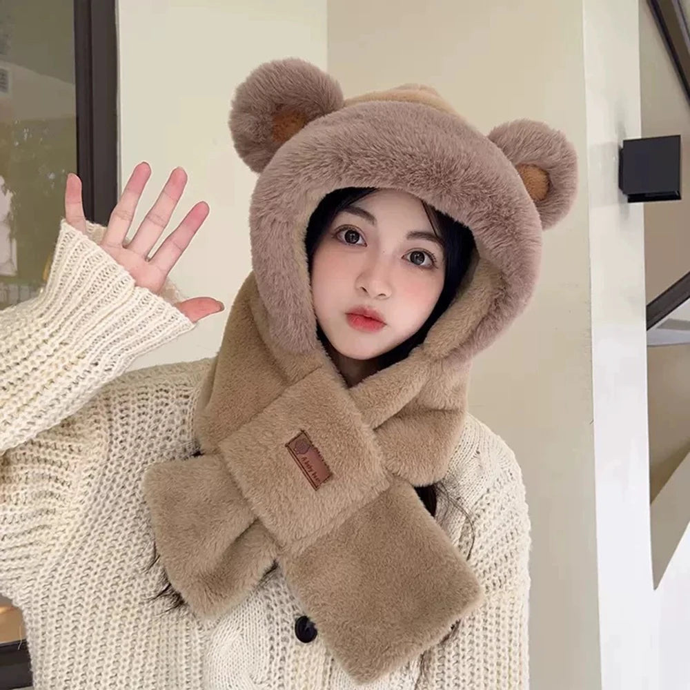 Korean Sweet Cat Ear Plush Bomber Cap Winter Women Keep Warm Windproof Ear Protection Cute Pom-pom Beanie Thickened Fluffy Hat