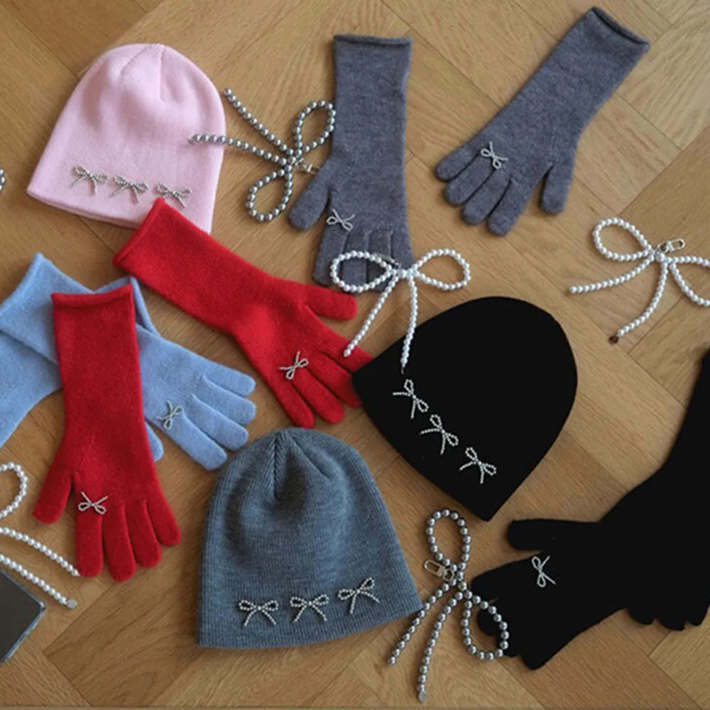 Korea Solid Color Elastic Full Fingers Gloves Long Knitted Gloves Women Winter Mittens Small Bowknot Mittens Thicken Warm Gloves