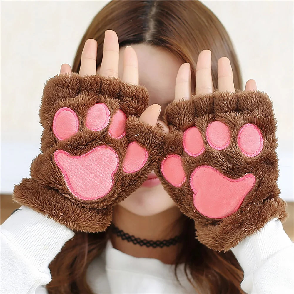 Women Bear Plush Cat Paw Claw Gloves Winter Faux Fur Cute Kitten Fingerless Mittens Gloves Christmas Halloween For Womens Girls