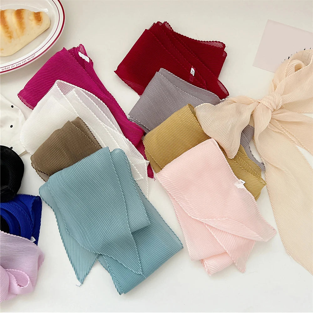 Chic French Pleated Small Silk Scarf For Women Summer Thin Solid Color Handbag Scarf Ribbon Bag Accessories Women Long Scarves