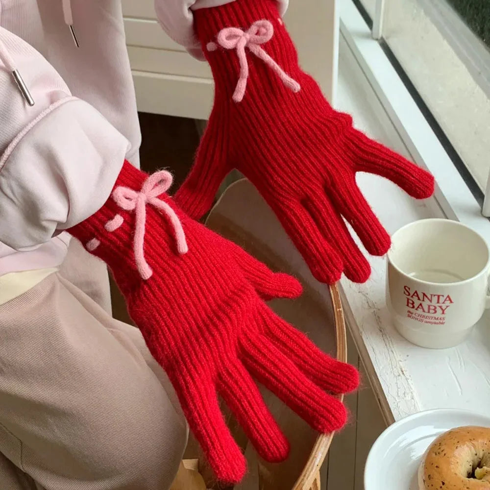 Korean Winter Bow Knitted Gloves For Women Sweet Thicken Warm Knitted Mittens Full Finger Guantes Touch Screen Luvas Gloves INS