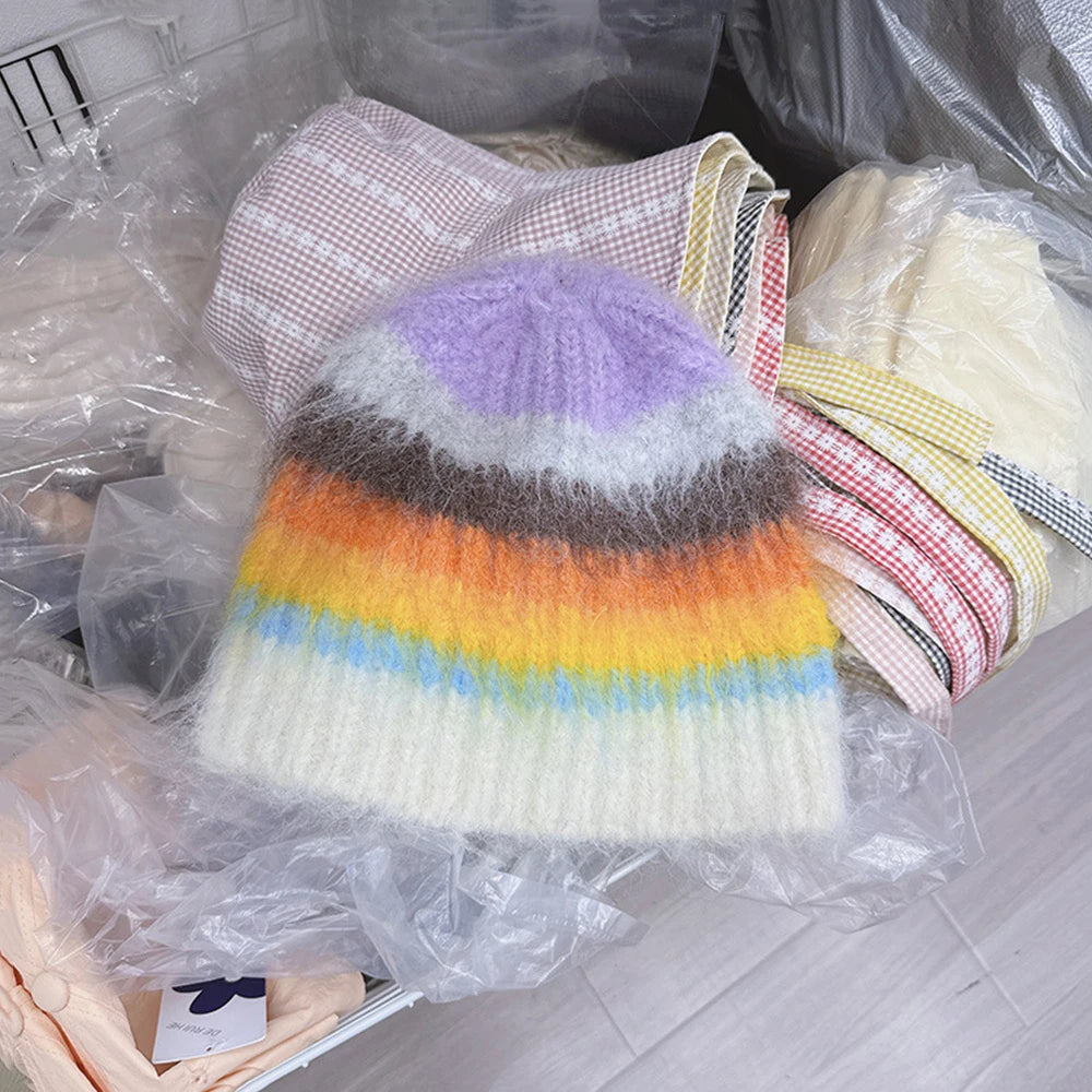 Winter Soft Women Mohair Knitted Striped Hat Thick Warm Sport Skullies Gorros Small Yarn Beanie Hat Cap Gorras Ear Protection