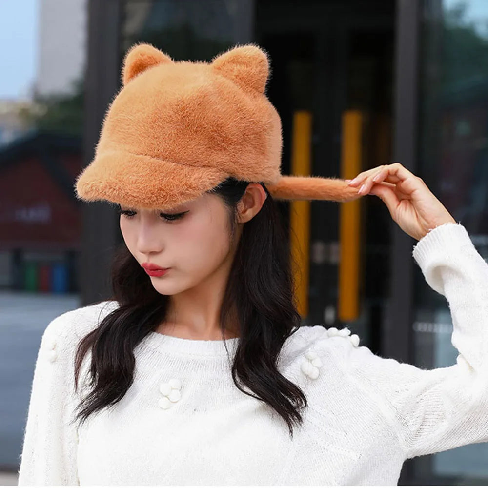 Russia Winter Imitation Fur Thickened Hat Cute Cat Ear Tail Visors Autumn Outdoor Travel Artificial Luxurious False Mink Fur Cap