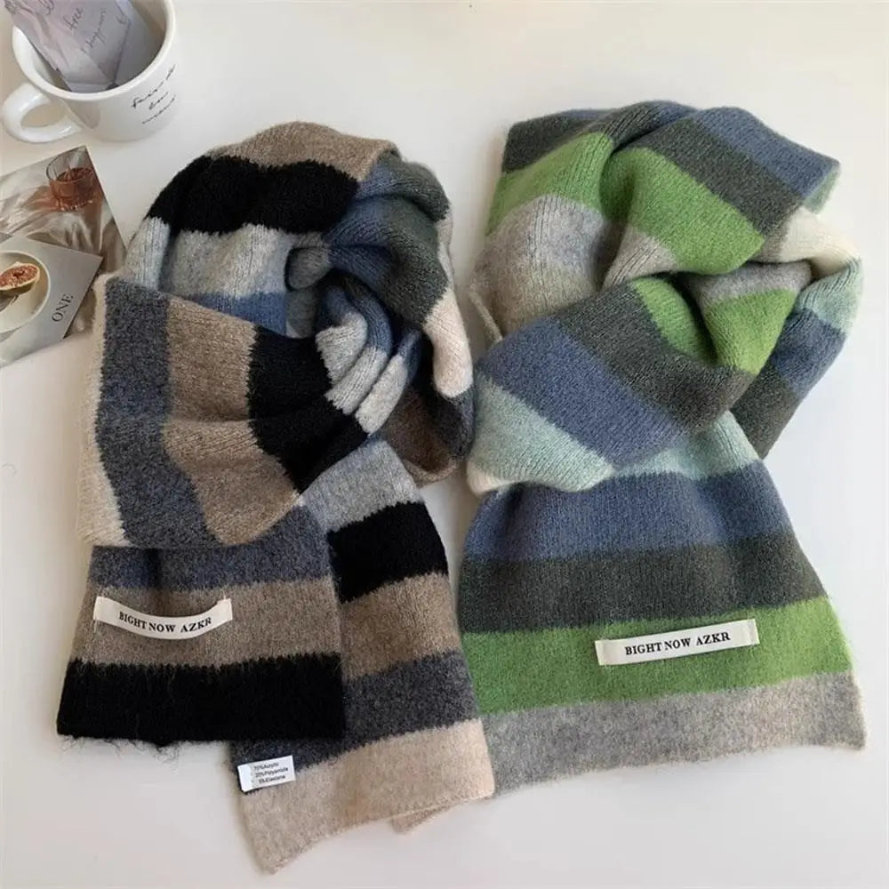 INS Fashion Rainbow Stripes Mohair Knitted Scarf Men Women In Winter Colour Blocking Stripes Wool Short Scarf DIY Short Scarf