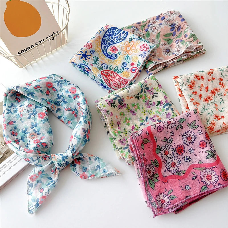 58*58cm Tulip Flower Neck Scarf Hair Band Floral Print Hair Scarf Headscarf Hijab Shawl Headband Neckerchief Soft Handmade