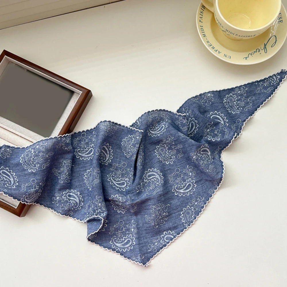 Cashew Flower Print Neck Scarf Summer Triangle Hair Head Wrap Headband Hair Ties Bandanas Women Paisley Cotton Linen Neckerchief