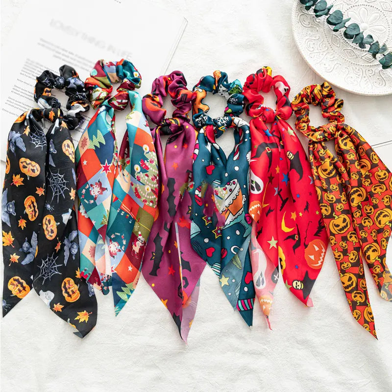 Cute Halloween Bows Hair Scrunchies Long Ribbon Ponytail Scarf Hair Tie Women Girl Elastic Hair Bands Christmas Hair Accessories