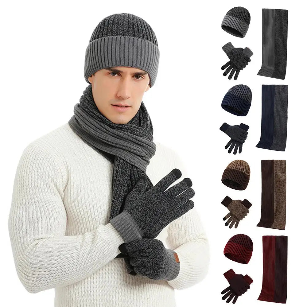 3Pcs/set Autumn Winter Fashion Trend Solid Color Handsome Knitted Simple Couple Warm Neck Protection Unisex Ski Hat Scarf Gloves