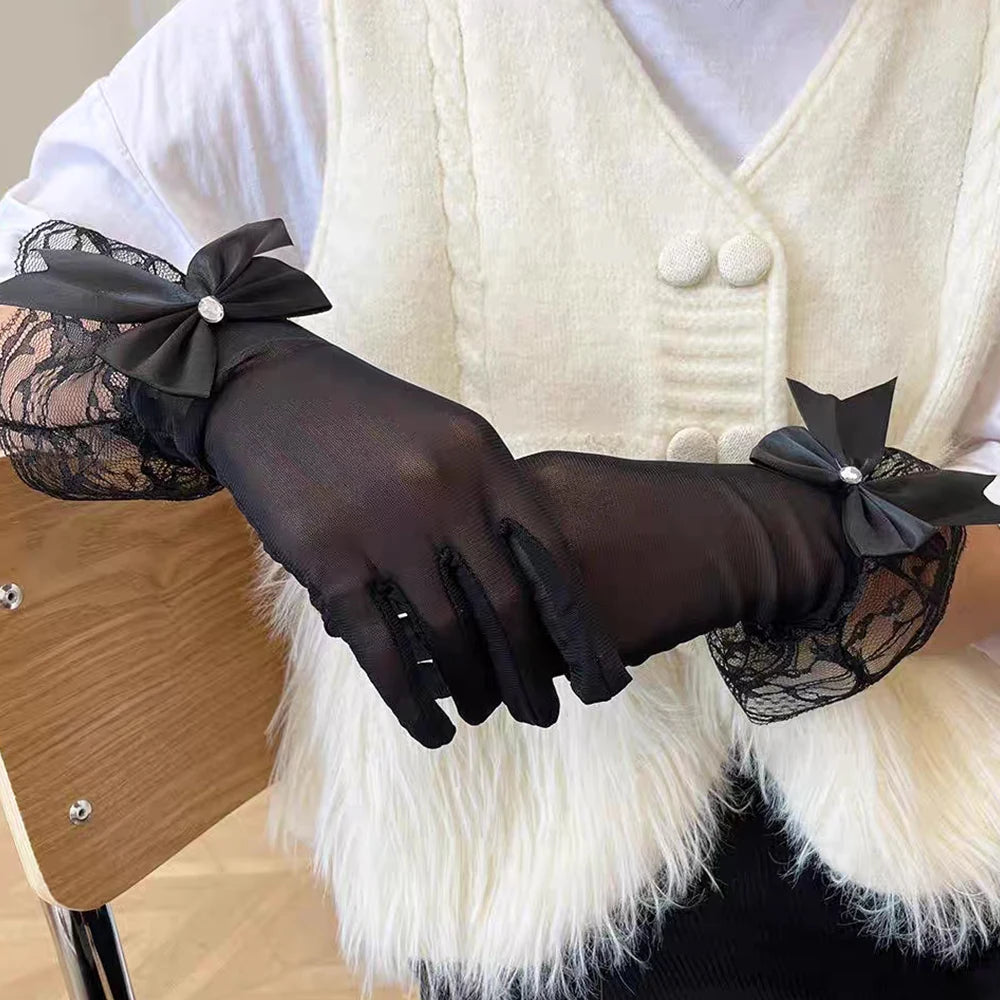 1 Pair Bow Lace Floral Gloves Women Summer Uv-Proof Driving Gloves Bride Wedding Gloves Lace Mittens Full Finger Girls Gloves