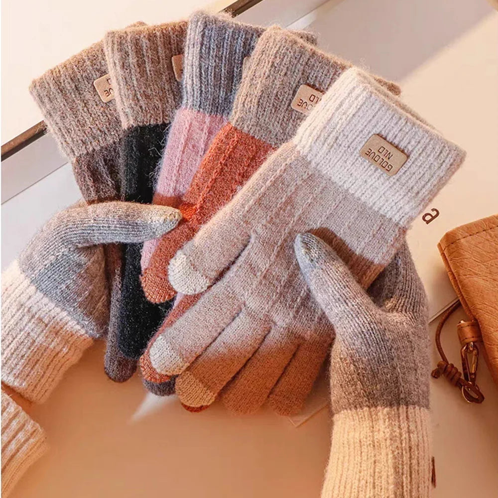 Solid Color Winter Cashmere Knitted Touch Screen Gloves Women Autumn Warm Men Outdoor Anti-freeze Plus Fleece Thickened Gloves