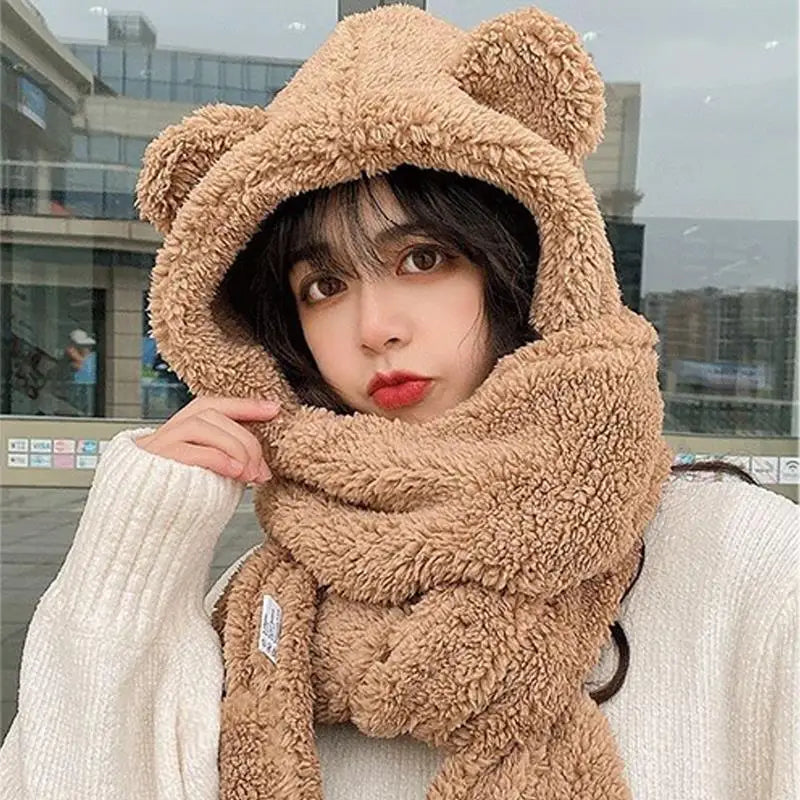 Super Cute Korean Plush Bear Ear Hat Fashion Winter Women Girls Novelty Beanies Caps Warm Bear Ear Hat Scarf Glove 3-In-1 Design